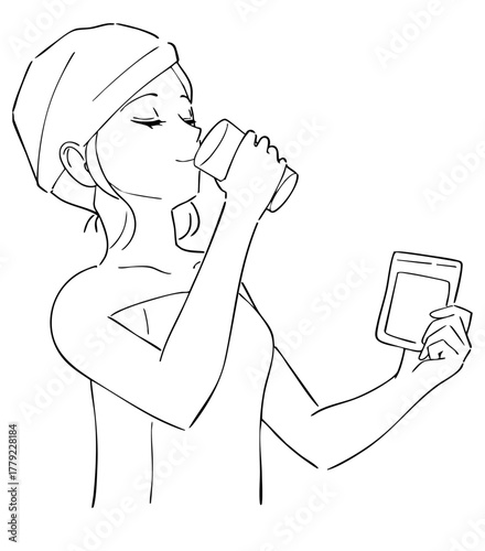 サプリを飲む女性の白黒イラスト