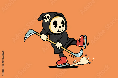 Cute Grim Reaper Ice Skating with Hockey Stick Cartoon.