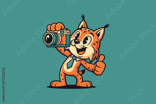 Cute Cartoon Lynx Photographer with Camera and Thumbs Up Gesture