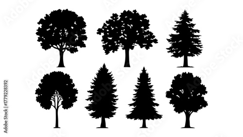 Diverse Tree Silhouette Set: A collection of various tree silhouettes, showcasing the different forms of nature's majestic creations, perfect for illustrating environmental themes and design projects.