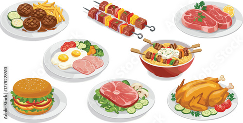 Cartoon food plate set with grilled, fried, raw, and roasted meals, vector illustration for culinary variety and meal concept