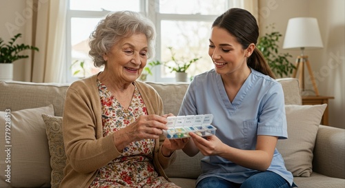 caregiver assisting elderly woman with medication management in cozy living room setting