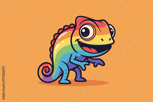 Cute Rainbow Chameleon Cartoon Character Smiling Happily.
