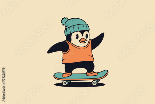Cute Penguin Skater Illustration in Beanie and Tank Top.