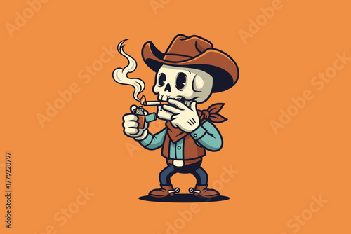 Cartoon Skeleton Cowboy Lighting Cigarette with Lighter.