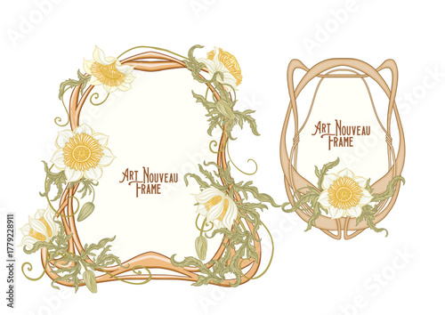 Set of art nouveau frames with floral ornaments, elegant botanical motifs and vintage decorative elements. Perfect for invitations, wedding cards, Victorian borders. Vector illustration, hand drawn.