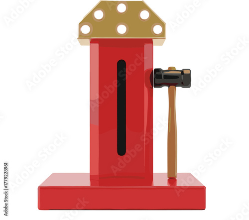 Cartoon mechanical tool with vertical column, hammer, and gold component, vector illustration for industrial design and equipment concept