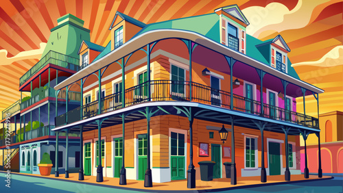 Very beautiful old building on Dumaine Street in the French Quarter, New Orleans, Louisiana, showcasing classic wrought-iron balconies, colorful walls, and warm sunlight in a realistic city scene.