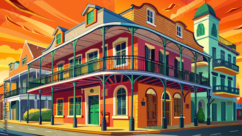 Very beautiful old building on Dumaine Street in the French Quarter, New Orleans, Louisiana, showcasing classic wrought-iron balconies, colorful walls, and warm sunlight in a realistic city scene.
