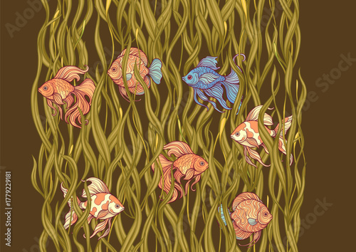 Seamless aquarium pattern with ornamental fish swimming among wavy green seaweed. Vector decorative design for textile and wallpaper, repeating tileable background tropical fish, detailed foliage