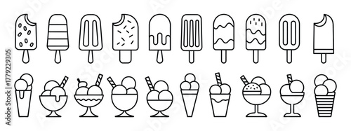 ice cream cone vector icon set. icecream scoop cup symbol. vanilla tasty soft ice cream sign collection Editable stroke