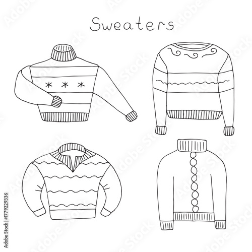 Winter sweaters set of elements, hand drawing, vector illustration