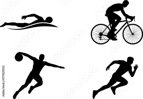Dynamic silhouettes of athletes engaged in swimming, cycling, basketball, and running.