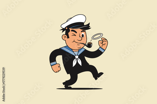 Cartoon Sailor Character Winking and Smoking Pipe.