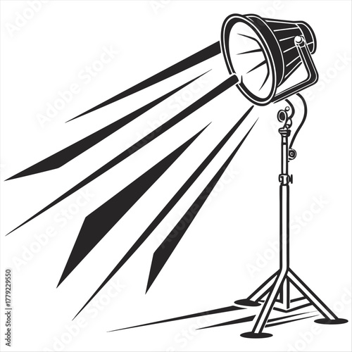 A black silhouette of a stage light with rays emanating from it on a white background studio lighting