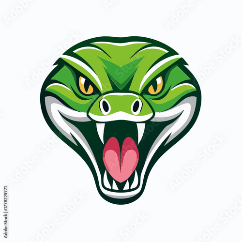 Vibrant Green Snake Head with Open Mouth and Tongue.