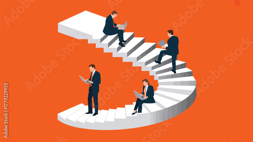 businessmen on spiral staircase using laptops, symbolizing career growth, professional development, learning journey, and upward mobility