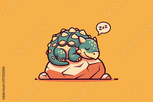 Cute Cartoon Ankylosaurus Sleeping Peacefully on a Rock.