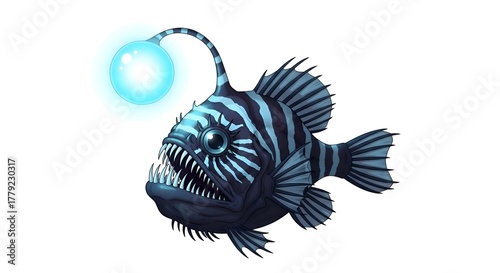Anglerfish with bioluminescent lure in deep sea illustration.