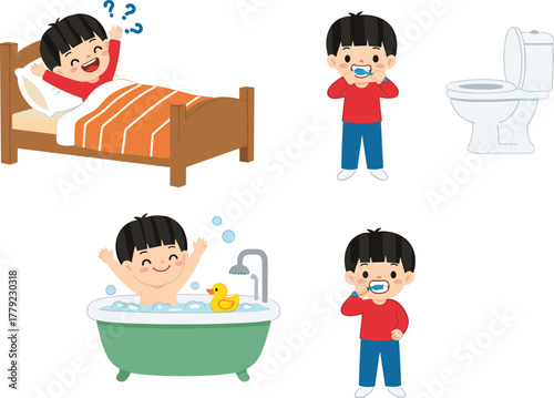 Cartoon child morning routine illustration, brushing teeth, waking up, bathing, bathroom habits, flat vector style, cad drawing design, educational character set