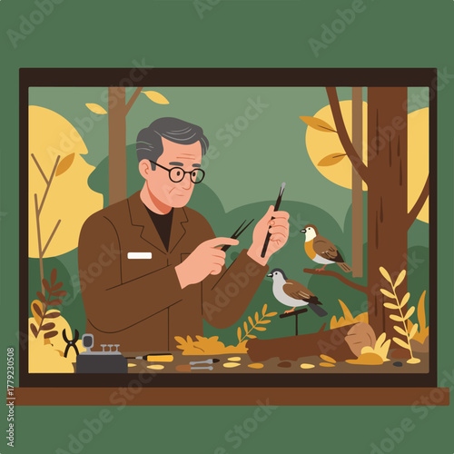 An elderly man with glasses, surrounded by birds in a forest window, holding tools