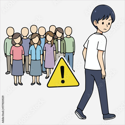 A cartoon illustration of a man walking away from a diverse group of people with a warning sign in a simple, bold style on a clean white background.