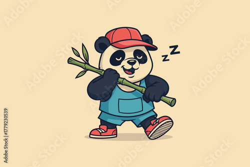 Cute Cartoon Panda Wearing a Red Cap and Overalls Carrying Bambo