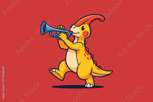 Cute Cartoon Parasaurolophus Dinosaur Playing a Trumpet Instrume