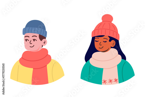 Winter portraits of young people wearing warm hats and scarves