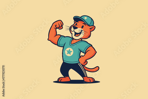 Strong anthropomorphic cat mascot flexing bicep in a confident p