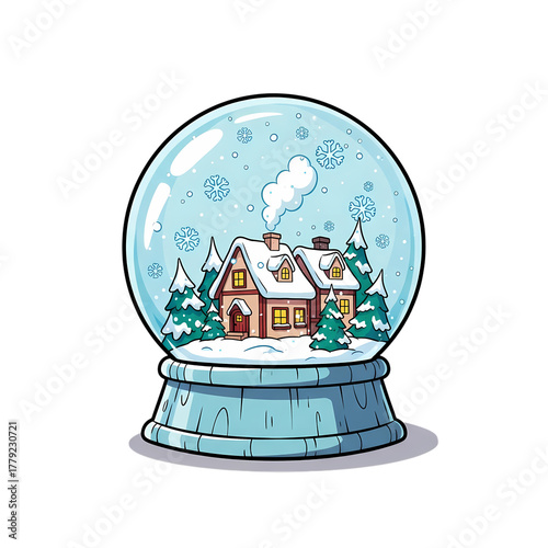 Charming winter village scene inside a sparkling snow globe
