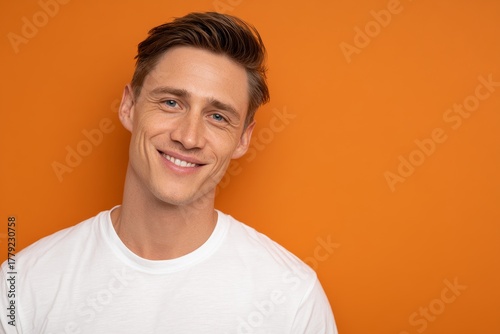 Wallpaper Mural portrait of soft smiling european man 30 years old in white t-shirt on tangerine color background, copy space Torontodigital.ca