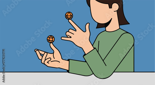 Person balances two geometric spheres on fingertips