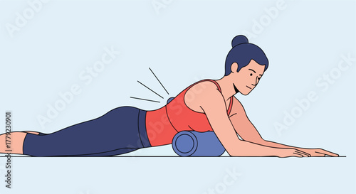 Person on mat uses roller for back massage