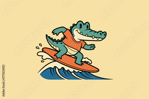 Cartoon Alligator Surfing on a Wave with a Surfboard.
