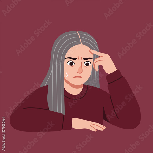 A woman with gray hair, looking worried, touches her temple. Sweat drop visible, maroon background