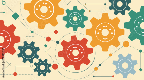 interlocking colorful gears in motion, symbolizing teamwork, engineering, mechanical systems, process integration, and collaboration