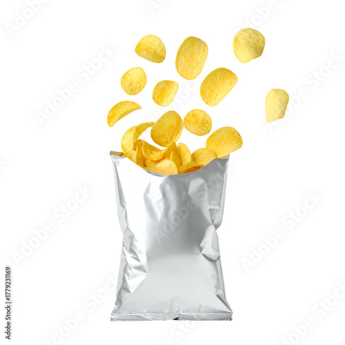 Crisp potato chips bursting from an opened silver bag