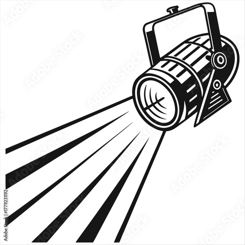 A black silhouette of a stage light with rays emanating from it on a white background studio lighting