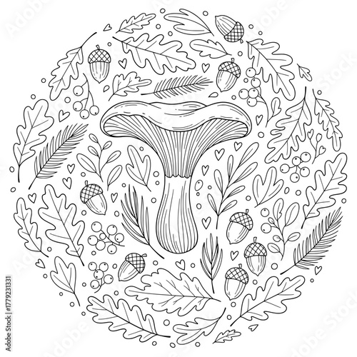 Autumn Mushroom Mandala Coloring Page with Oak Leaves
