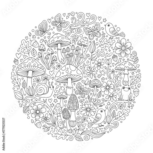 Intricate Woodland Mandala Coloring Page with Mushrooms