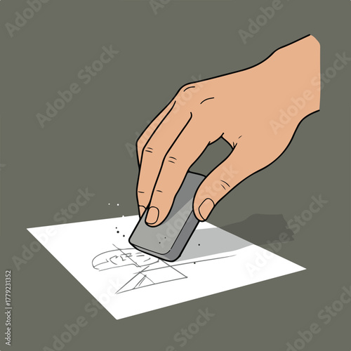 A hand holding an eraser removes a sketch from white paper, with eraser dust and a shadow