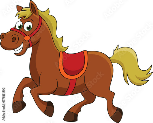 Cartoon horse with saddle running happily