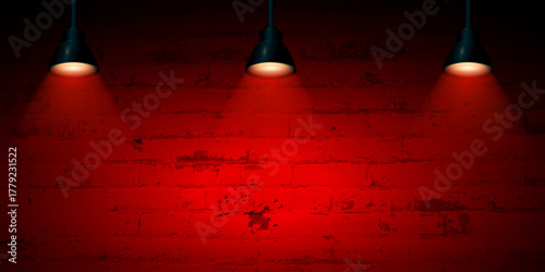 Brick wall with red glow and overhead ceiling lamps casting light beams used for product display mockups, poster backgrounds, advertising stage scenes, and dramatic interior design visuals. Vector
