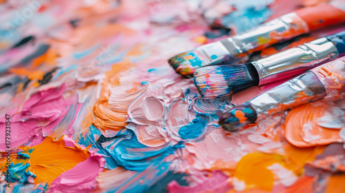 Wallpaper Mural Dynamic close-up of artist's palette showcasing thick, vibrant impasto paint textures in spectrum of pink, orange, and blue, with paint-laden brushes resting on colorful surface Torontodigital.ca