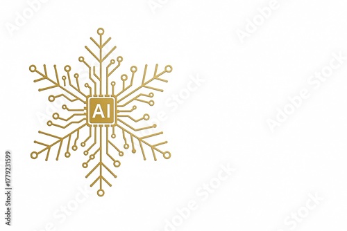 Golden AI microchip in the shape of a snowflake on a white background with clean space for text, futuristic technology and innovation winter concept for business and marketing
