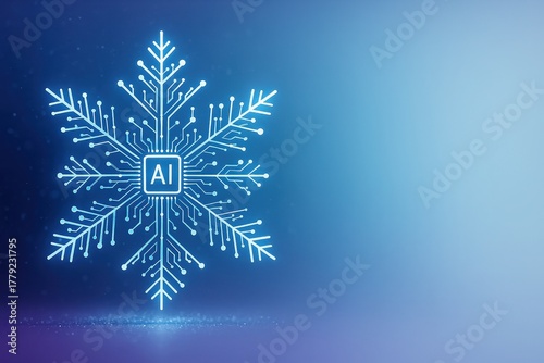 Digital AI snowflake with glowing circuit design on soft winter gradient background, minimal futuristic concept with microchip core and space for text, modern holiday tech visual