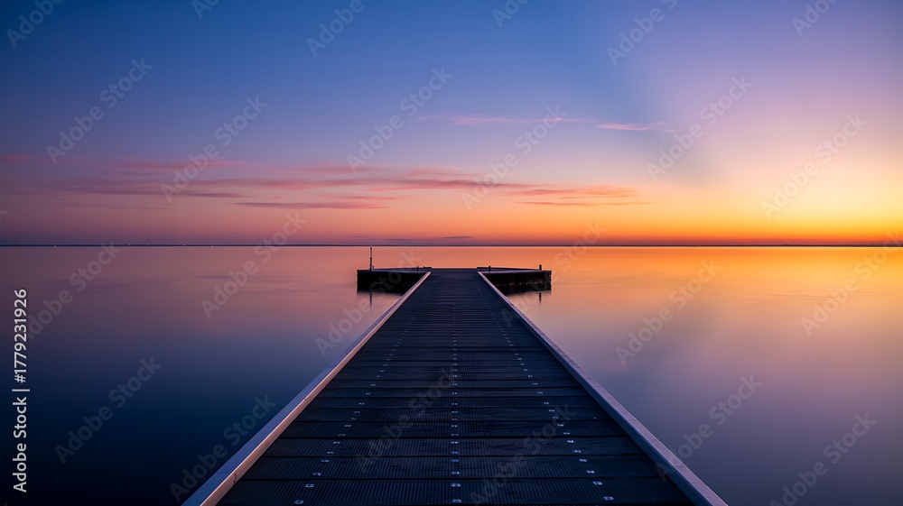 Obraz premium Serene Waterway Leading Towards a Vibrant Sunset Horizon Over Calm Waters
