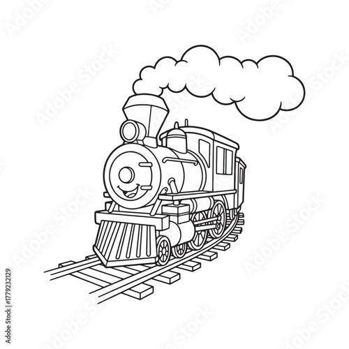 Vintage train line art illustration. Black and white cartoon locomotive on railroad tracks, sketch for coloring book. Hand-drawn steam engine vector.
