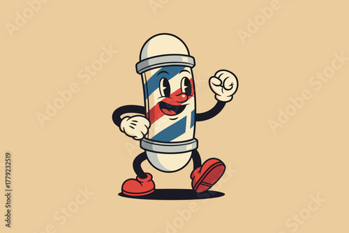 Retro Cartoon Barbershop Pole Character with Happy Expression.